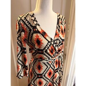 Janette Fashion No Static Faux Wrap Maxi Dress with Orange and Navy Print Sz M
